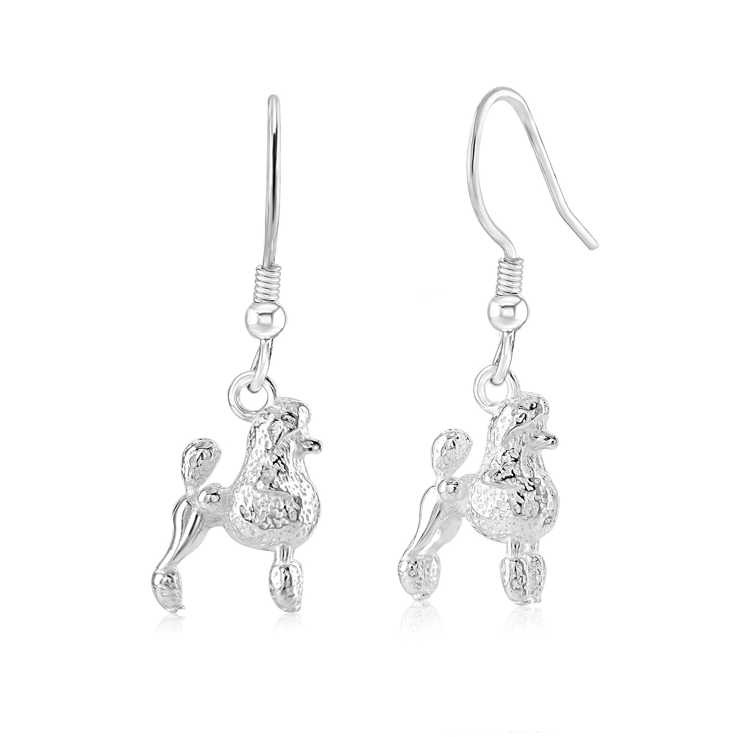 A pair of silver hoop earrings with poodle charms attached, displayed against a white background.