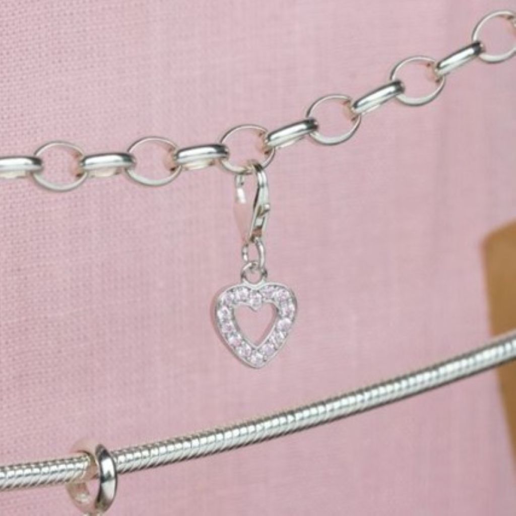 Pink Crystal Heart Pendant Charm - Sterling Silver