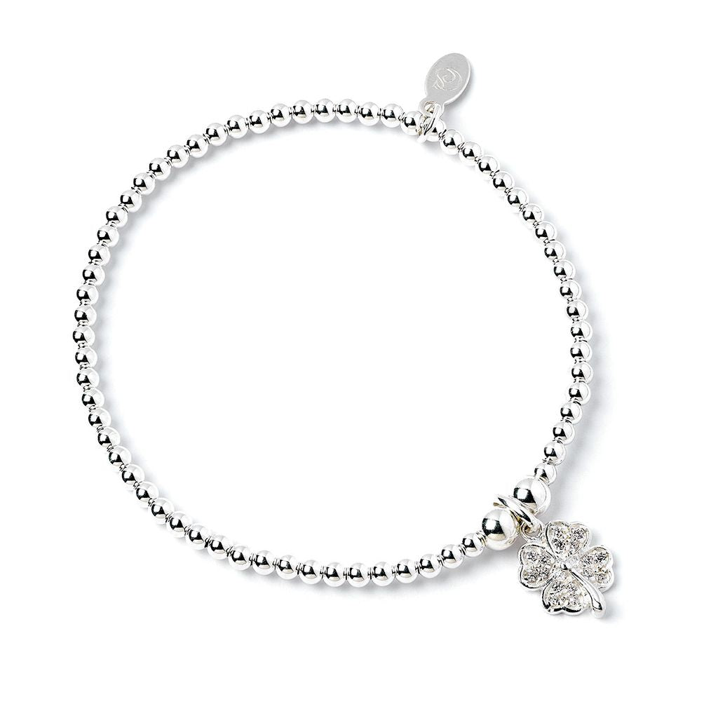 Crystal Four Leaf Clover on Silver Ball Bead Bracelet - MYLEE London