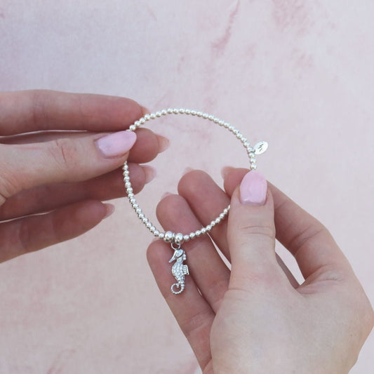 Crystal Seahorse on Silver Ball Bead Bracelet - MYLEE London