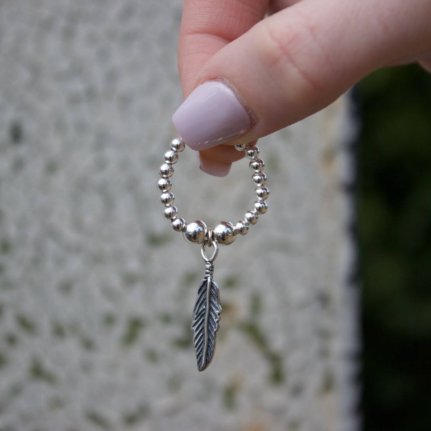 Feather on Silver Ball Bead Ring - MYLEE London