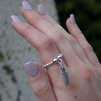 Feather on Silver Ball Bead Ring - MYLEE London