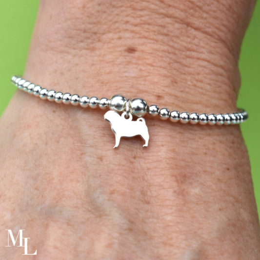 Pug Silhouette Silver Ball Bead Bracelet - Personalised - MYLEE London