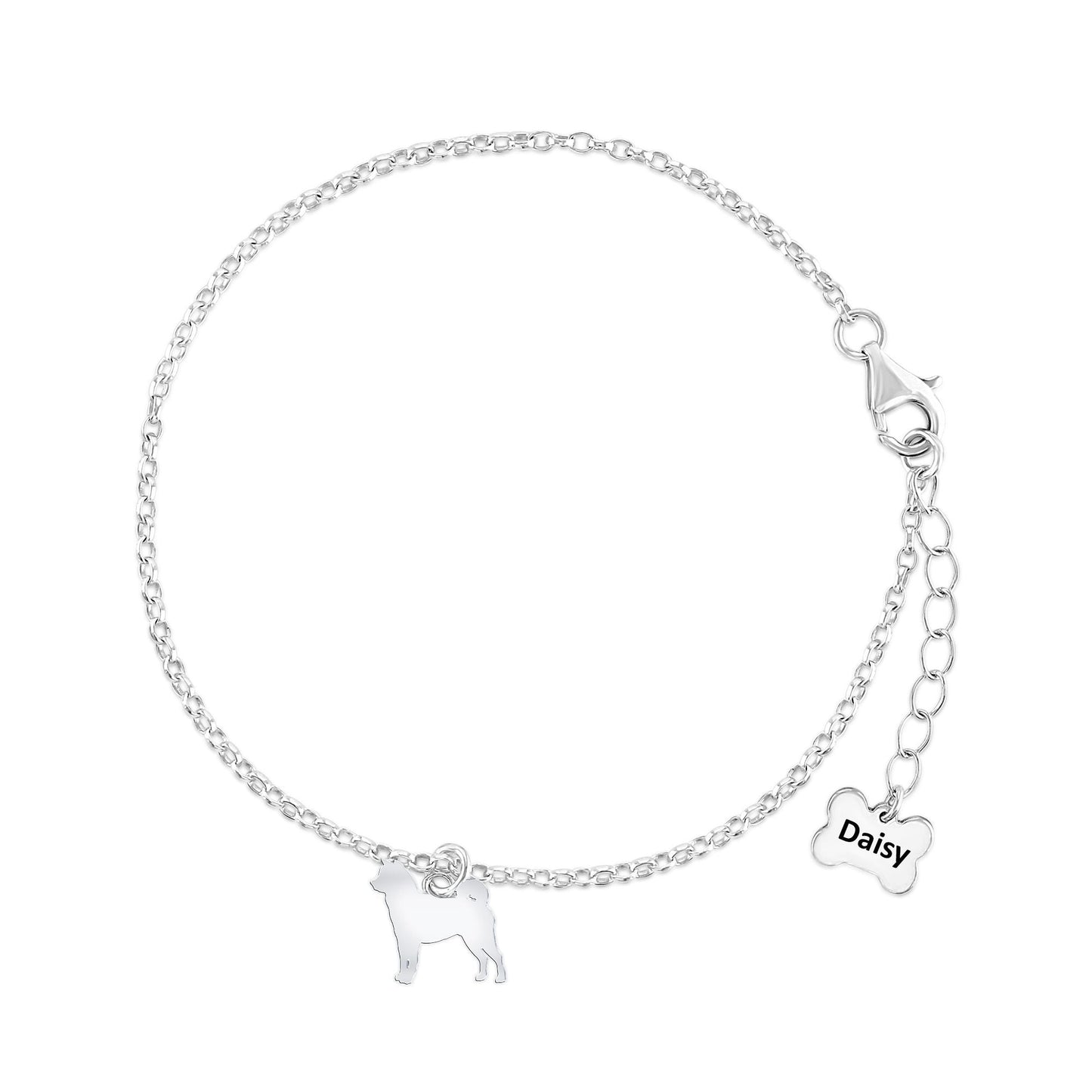 Shiba Inu Silhouette Silver Chain Bracelet - Personalised - MYLEE London