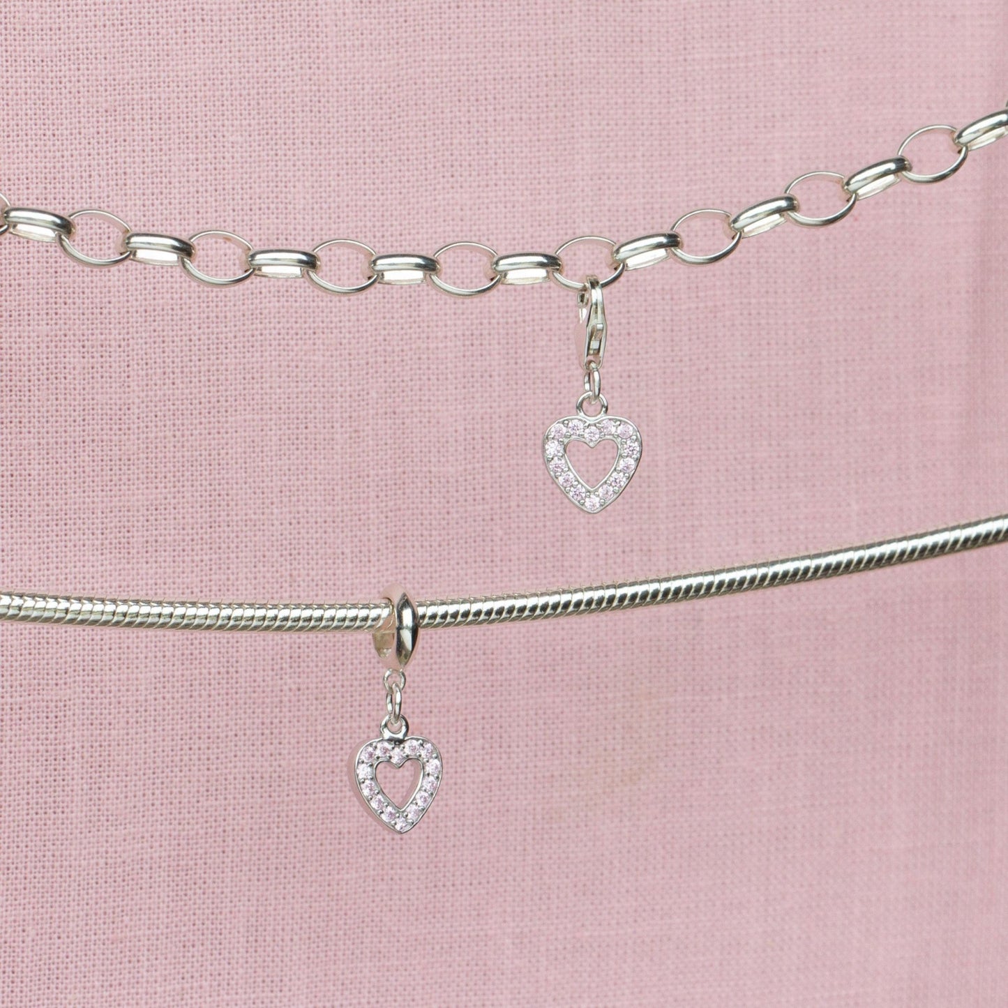 Sterling Silver Pink Crystal Heart Charm - MYLEE London