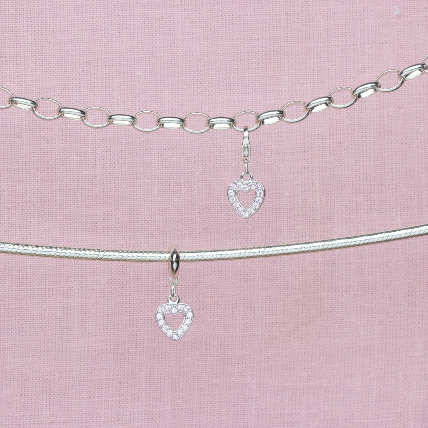 Sterling Silver Pink Crystal Heart Charm - MYLEE London