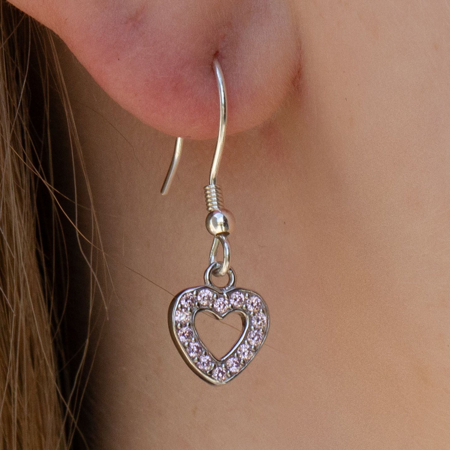 Sterling Silver Pink Crystal Heart Earrings - MYLEE London