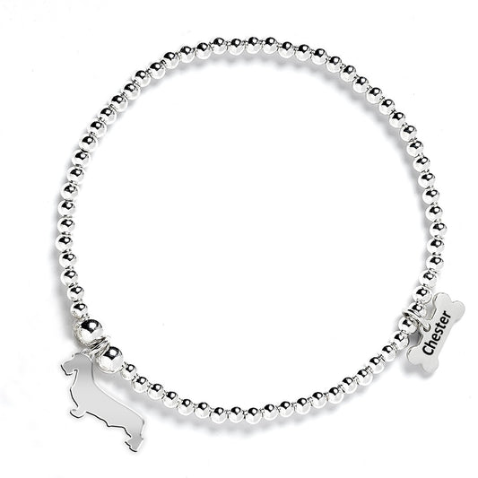 Wirehaired Dachshund Silhouette Silver Ball Bead Bracelet - Personalised - MYLEE London