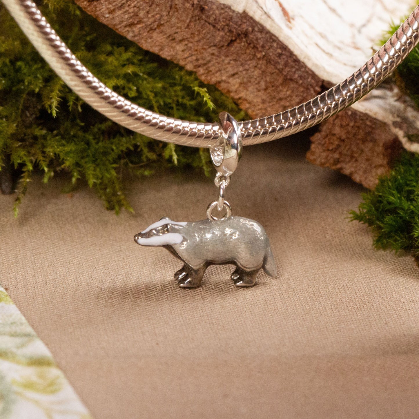 Badger Charm - Enamelled Sterling Silver