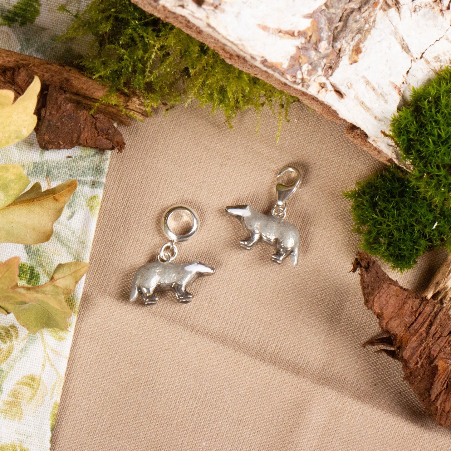 Badger Charm - Enamelled Sterling Silver