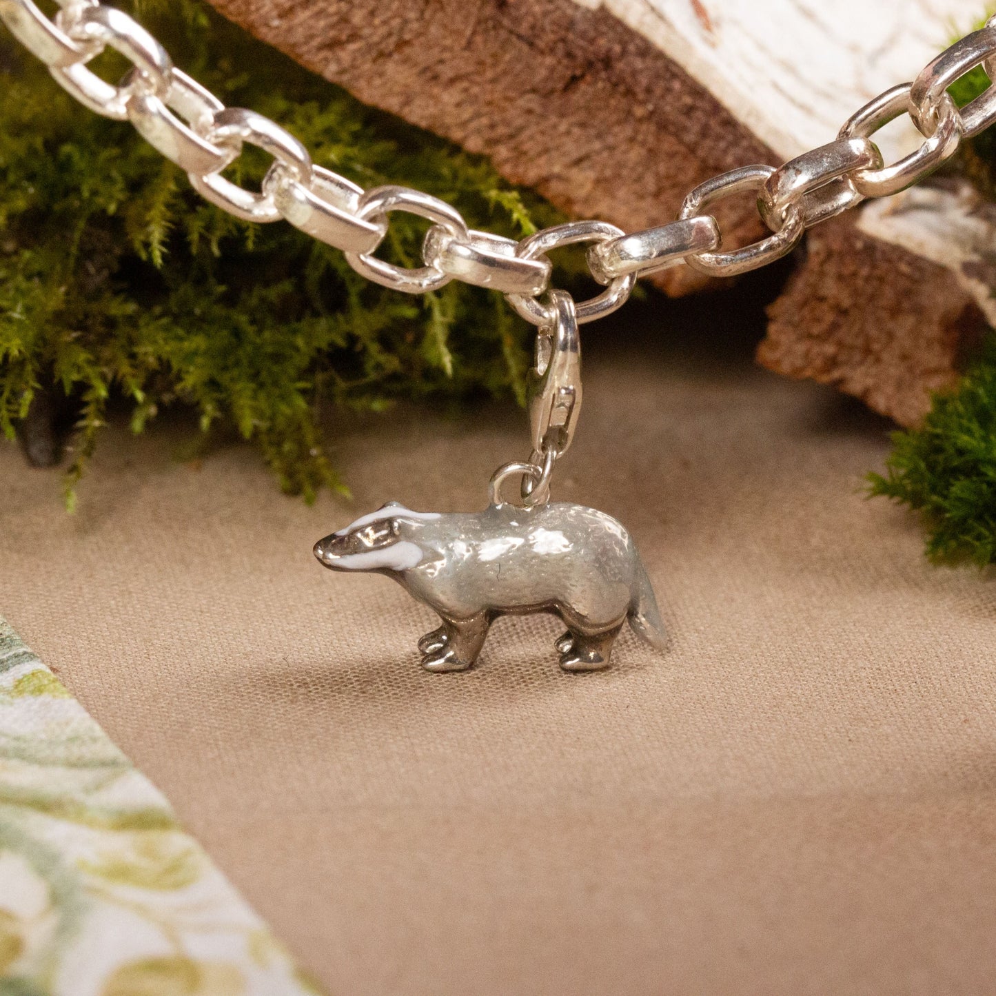 Badger Charm - Enamelled Sterling Silver