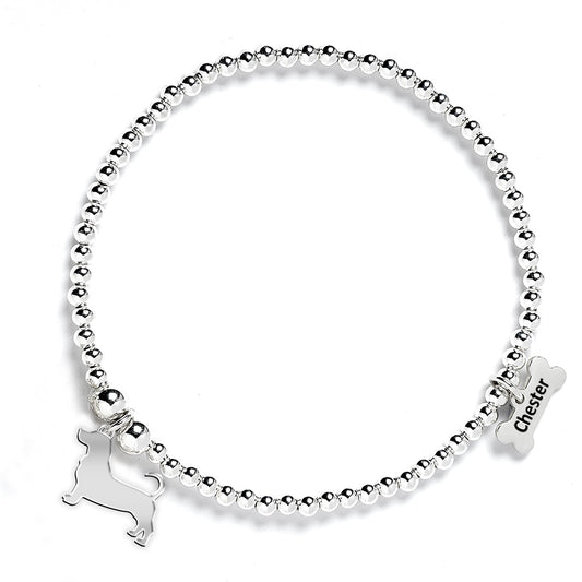 Basset Hound Silhouette Silver Ball Bead Bracelet - Personalised