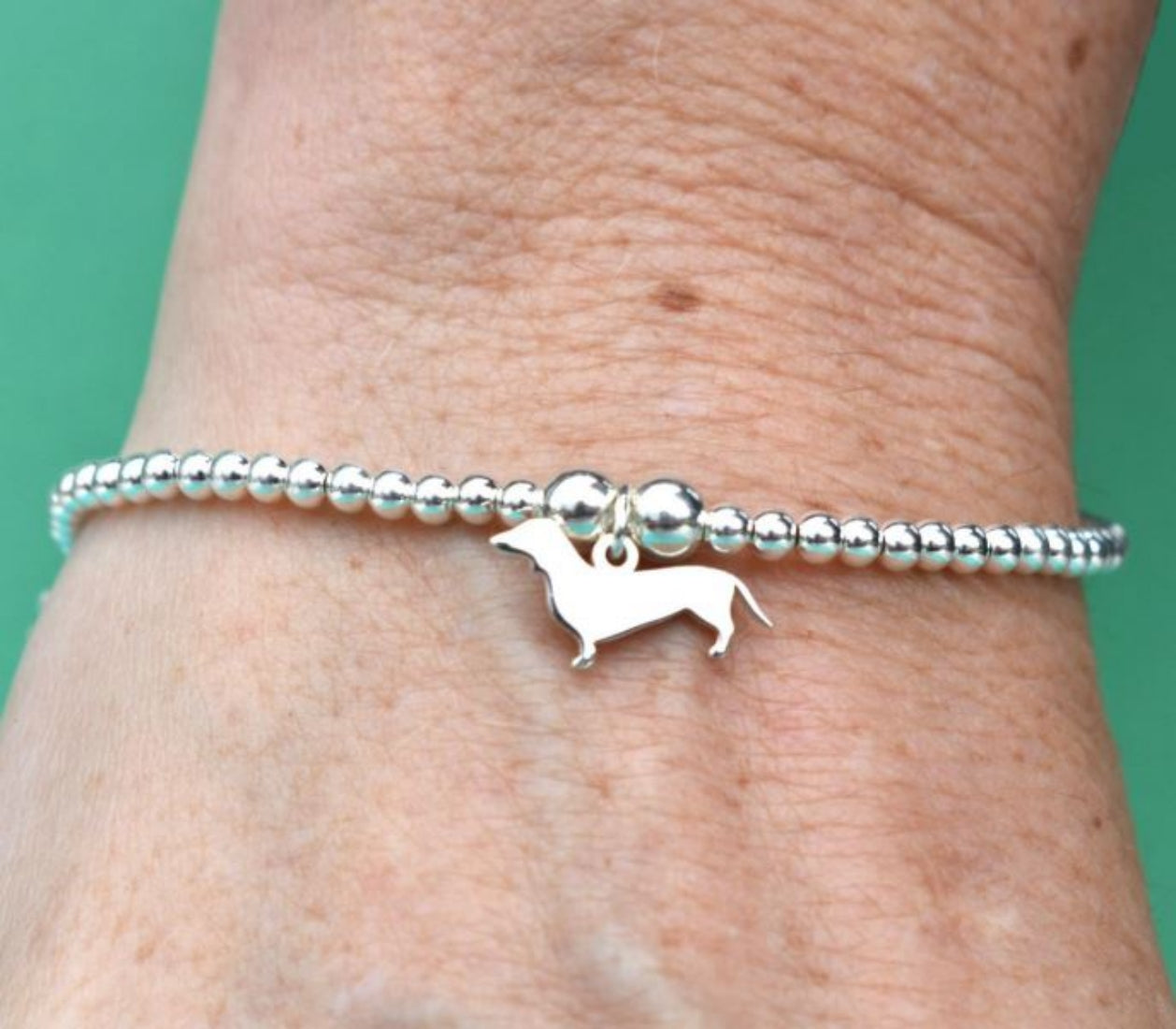 Dachshund Silhouette Silver Ball Bead Bracelet - Personalised