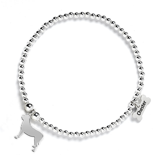 Mastiff Silhouette Silver Ball Bead Bracelet - Personalised