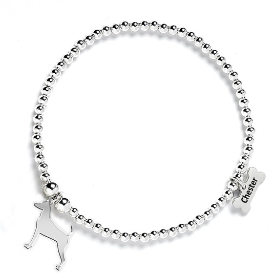Miniature Pinscher Silhouette Silver Ball Bead Bracelet - Personalised