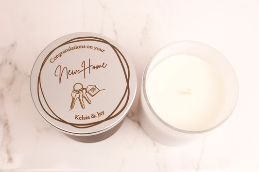 Housewarming Soy Wax Scented Candle With Personalised Metal Lid