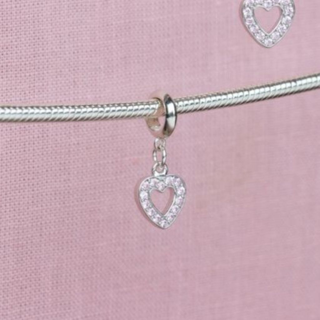 Pink Crystal Heart Pendant Charm - Sterling Silver