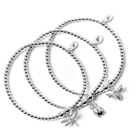 Bee, Beetle & Dragonfly - Set of 3 Silver Ball Bead Bracelets - MYLEE London