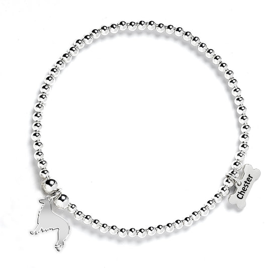 Borzoi Silhouette Silver Ball Bead Bracelet - Personalised - MYLEE London