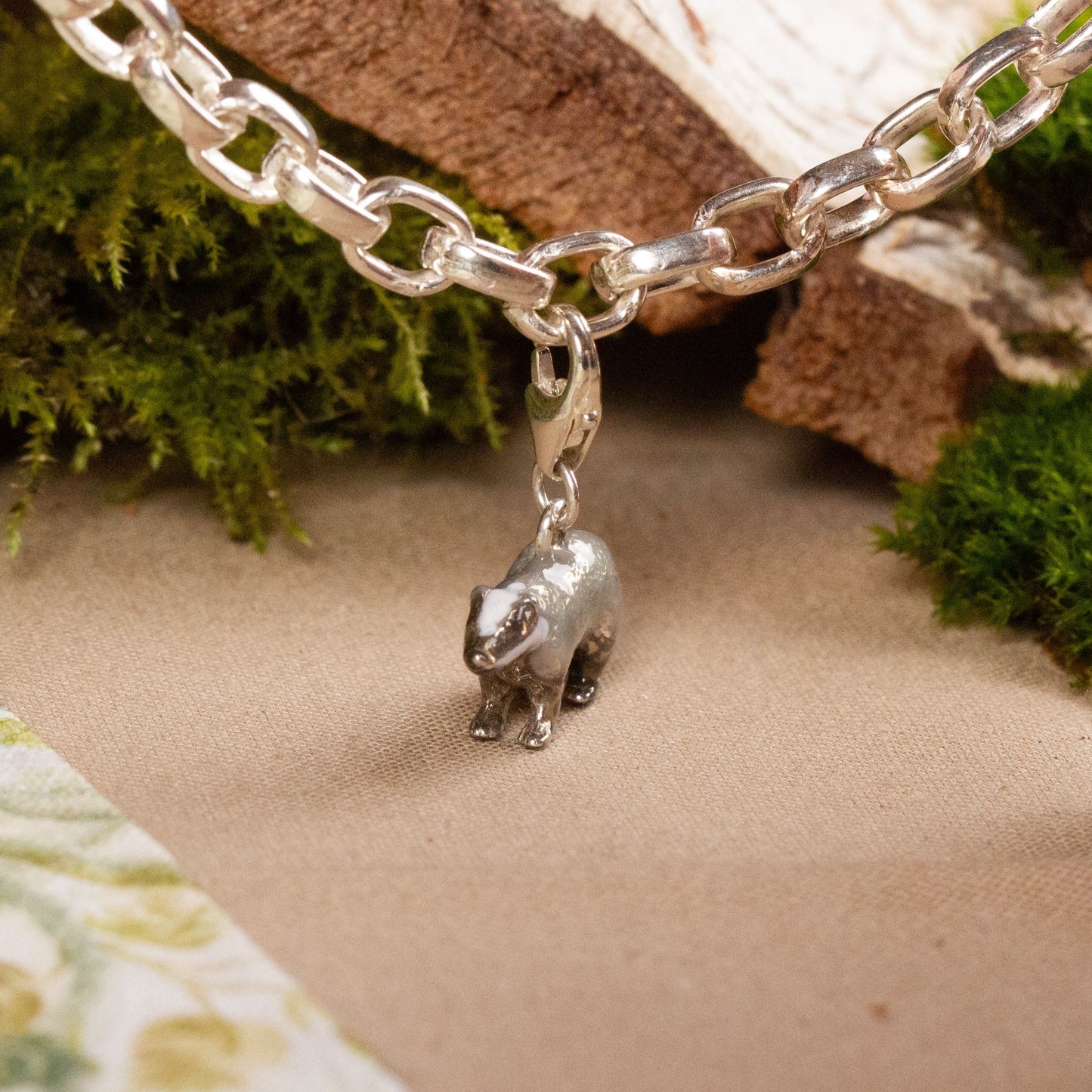 Badger Charm - Enamelled Sterling Silver