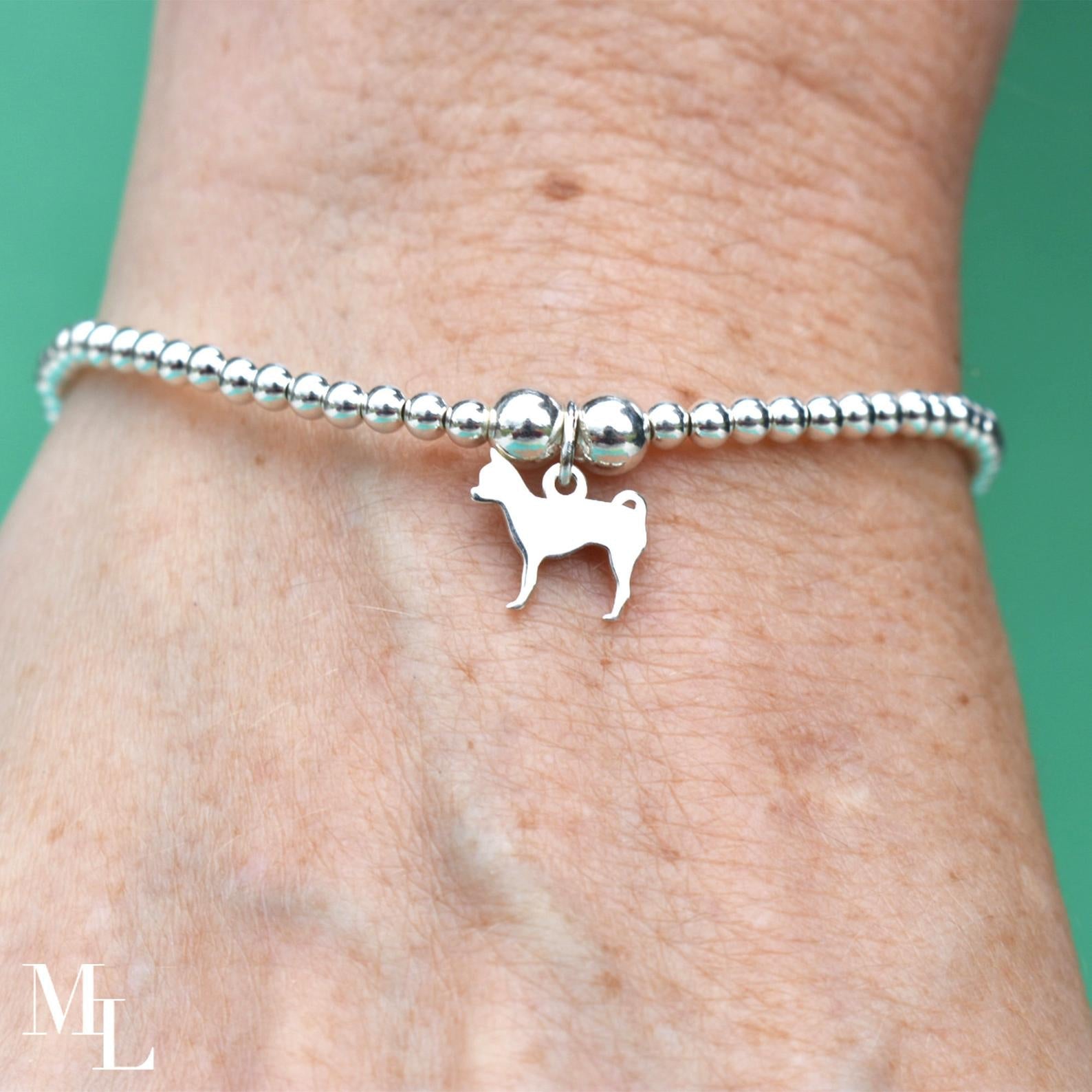 Chihuahua Silhouette Silver Ball Bead Bracelet - Personalised - MYLEE London