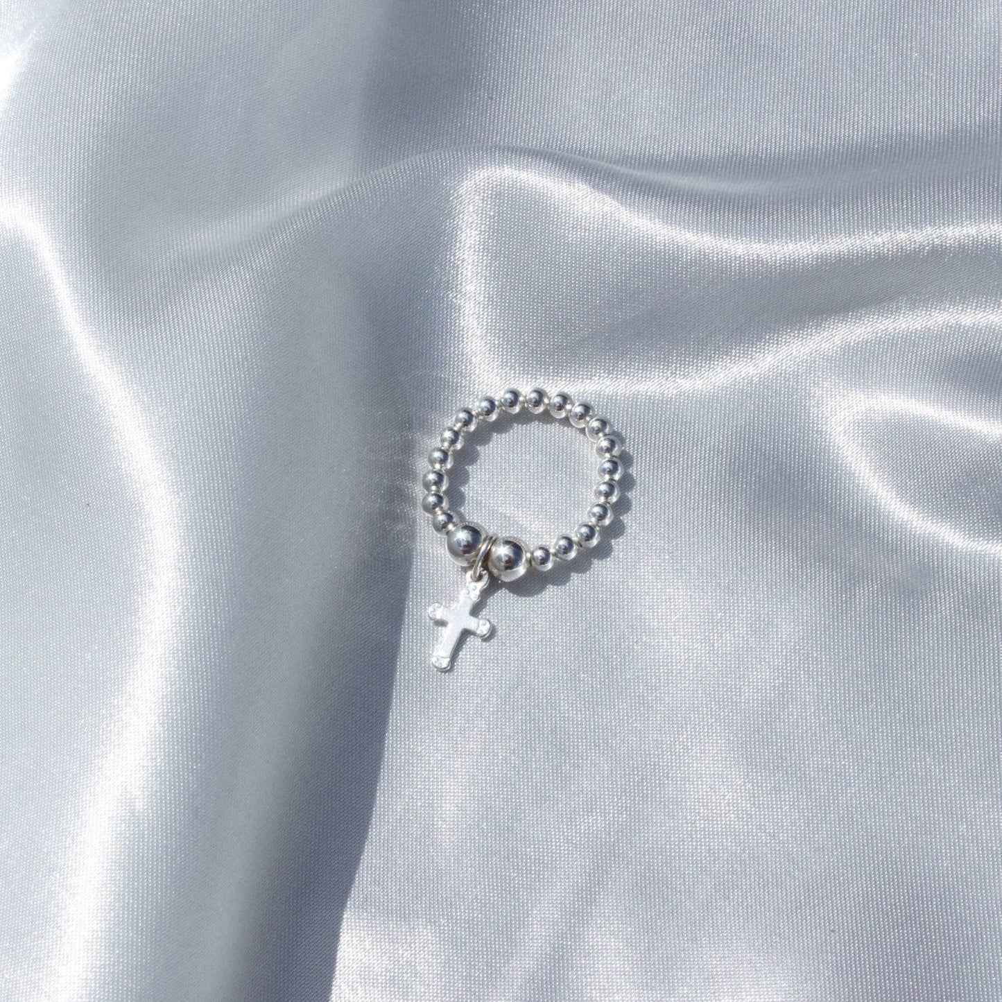 Cross on Silver Ball Bead Ring - MYLEE London