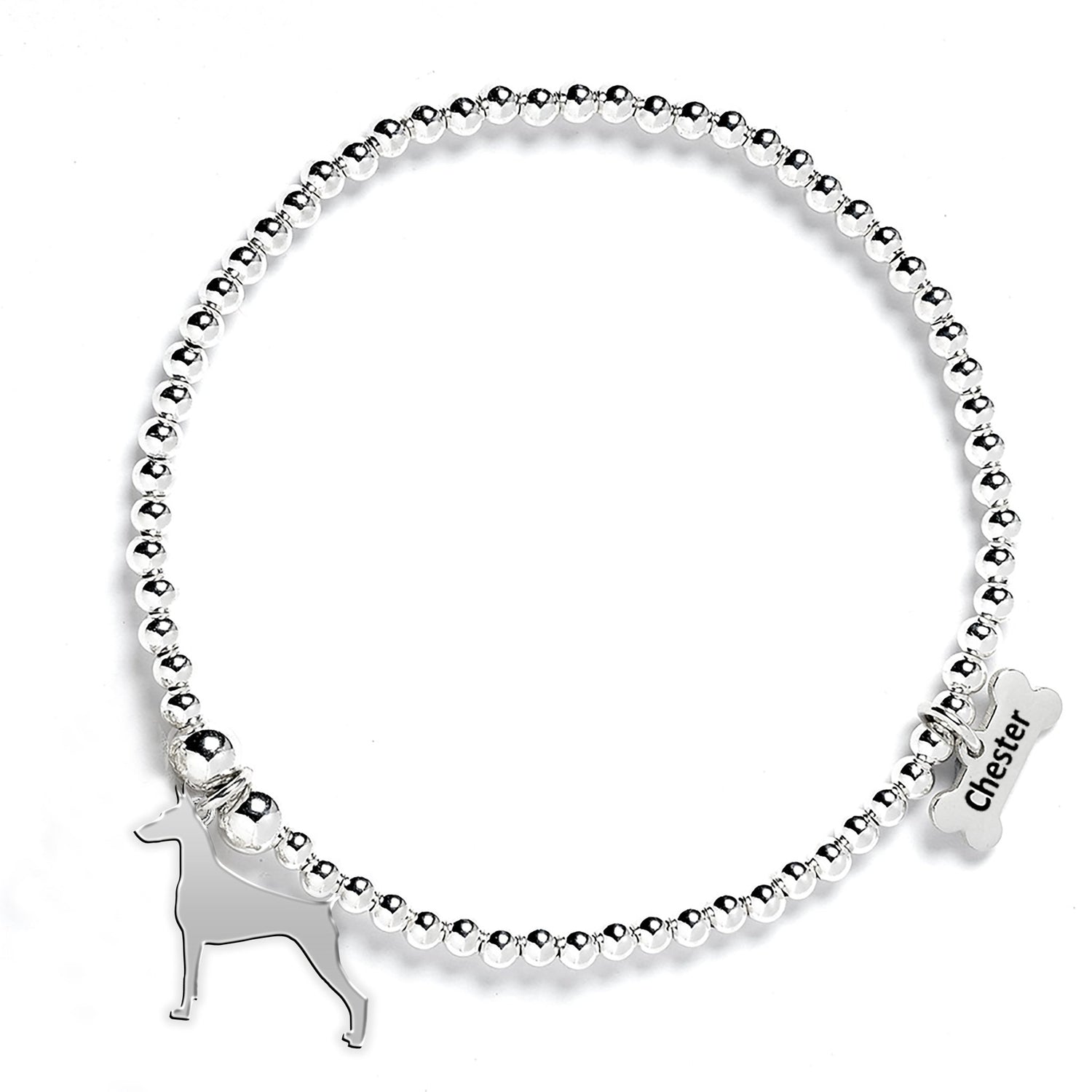 Dobermann Silhouette Silver Ball Bead Bracelet - Personalised - MYLEE London