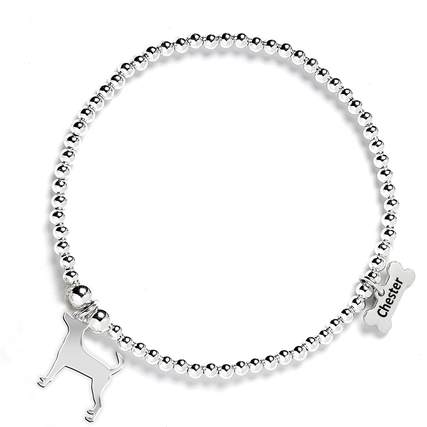 English Toy Terrier Silhouette Silver Ball Bead Bracelet - Personalised - MYLEE London