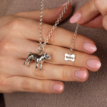 Extra Large English Bulldog Silver Necklace - Personalised - MYLEE London