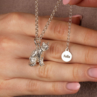 Extra Large Long - Haired Cat Silver Necklace - Personalised - MYLEE London