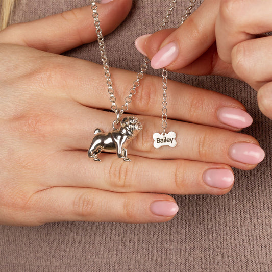 Extra Large Pug Silver Necklace - Personalised - MYLEE London