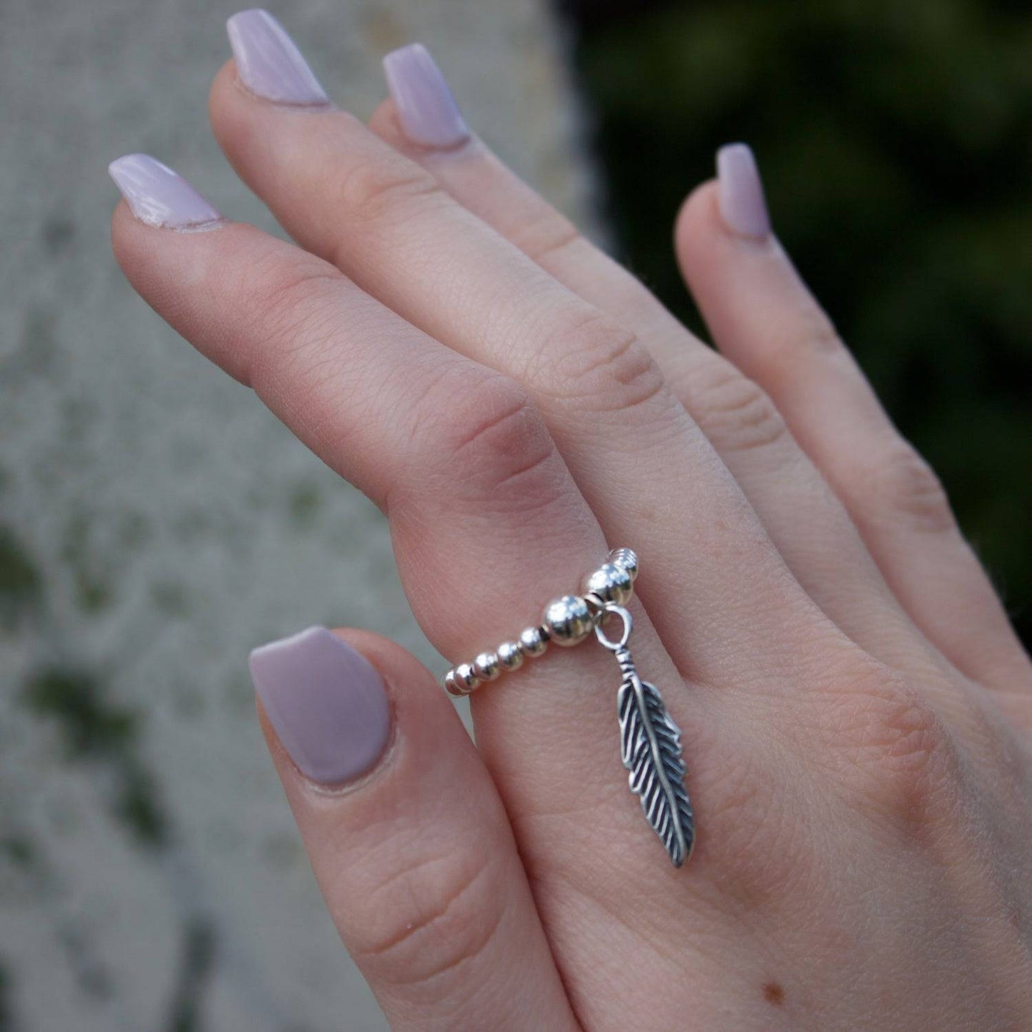 Feather on Silver Ball Bead Ring - MYLEE London