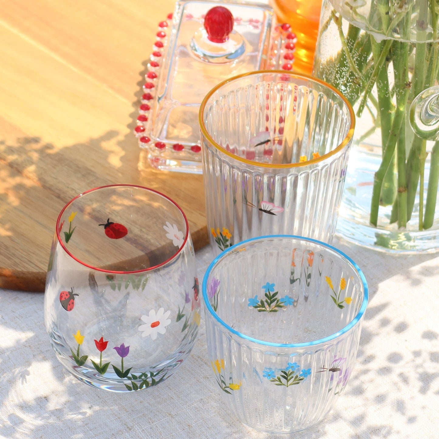 Hand Painted Red Floral Drinking Glass - MYLEE London