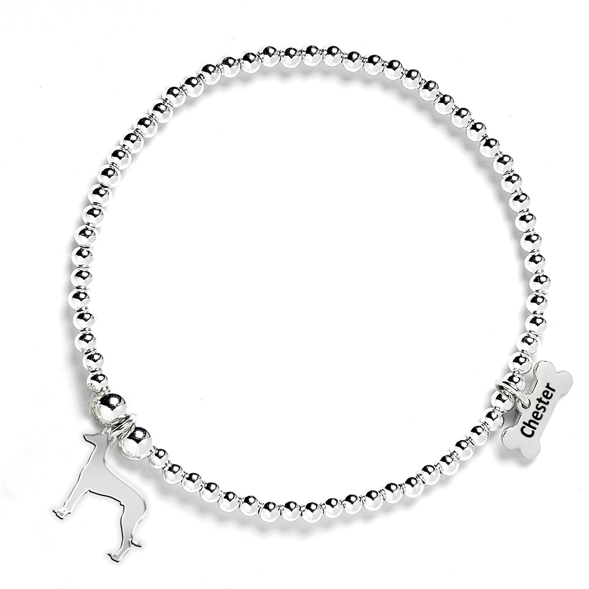 Ibizan Hound Silhouette Silver Ball Bead Bracelet - Personalised - MYLEE London