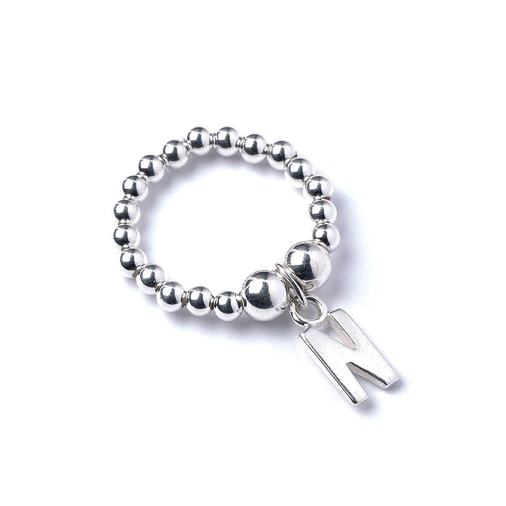 Letter Initial Charm on Silver Ball Bead Ring - MYLEE London