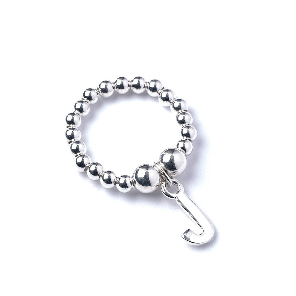 Letter Initial Charm on Silver Ball Bead Ring - MYLEE London