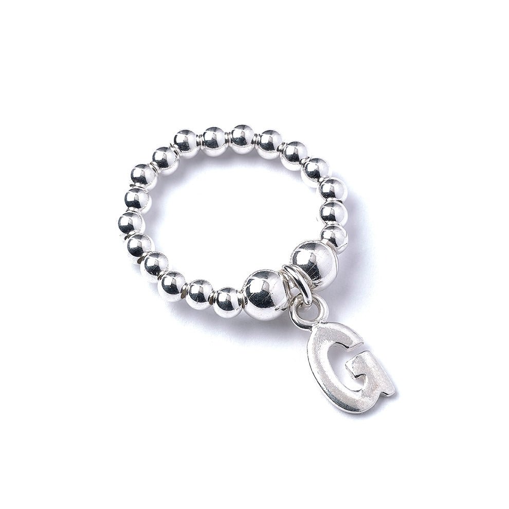 Letter Initial Charm on Silver Ball Bead Ring - MYLEE London