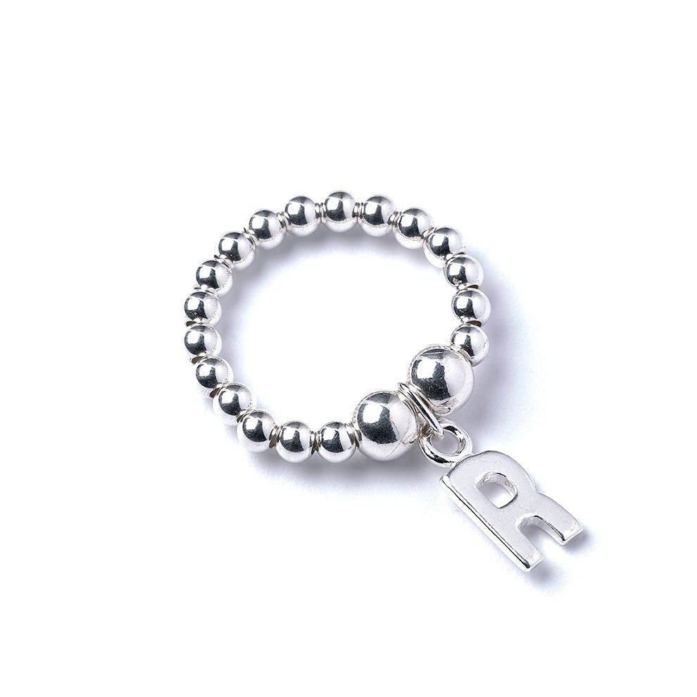 Letter Initial Charm on Silver Ball Bead Ring - MYLEE London