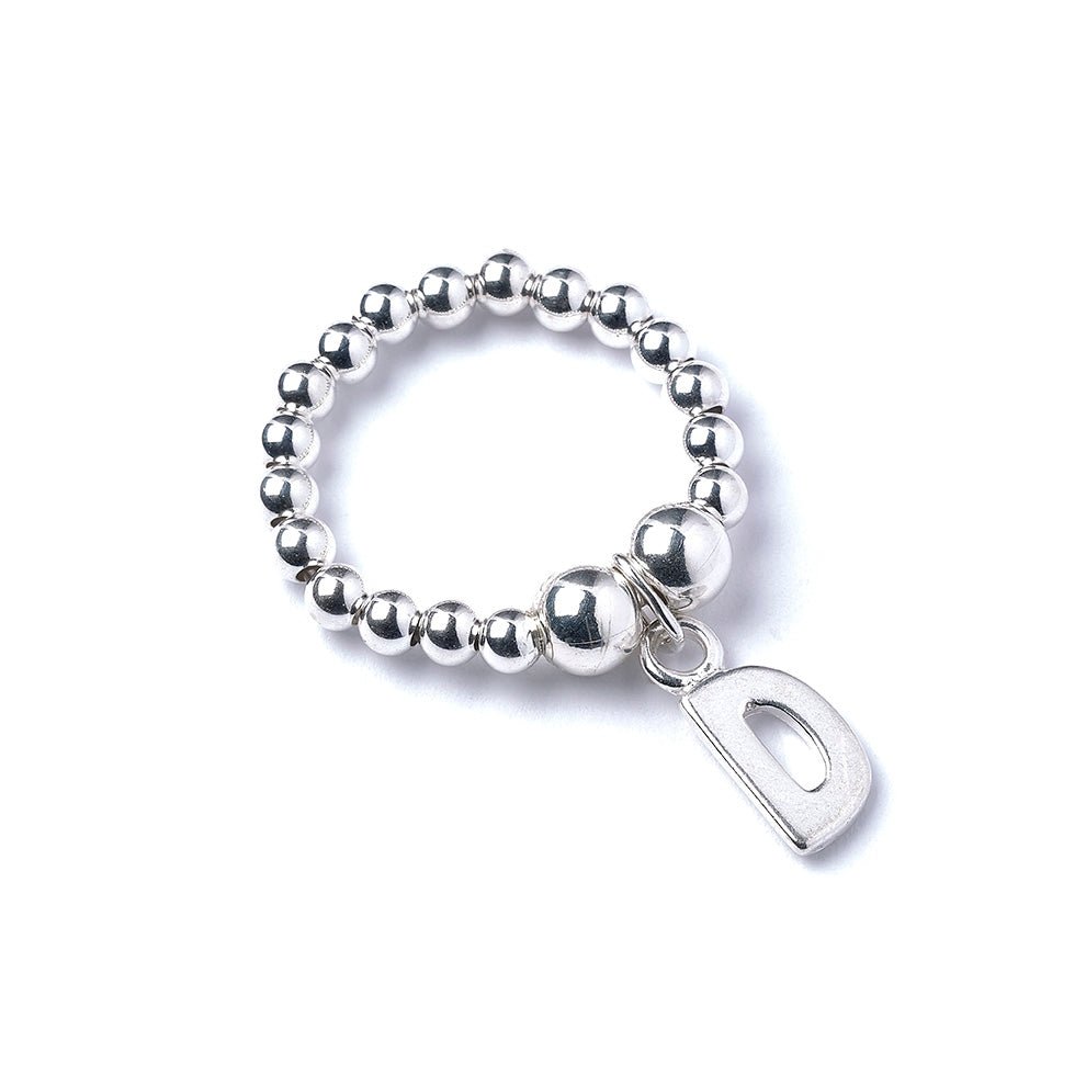 Letter Initial Charm on Silver Ball Bead Ring - MYLEE London