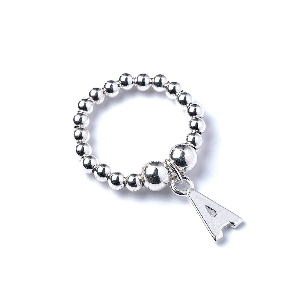 Letter Initial Charm on Silver Ball Bead Ring - MYLEE London