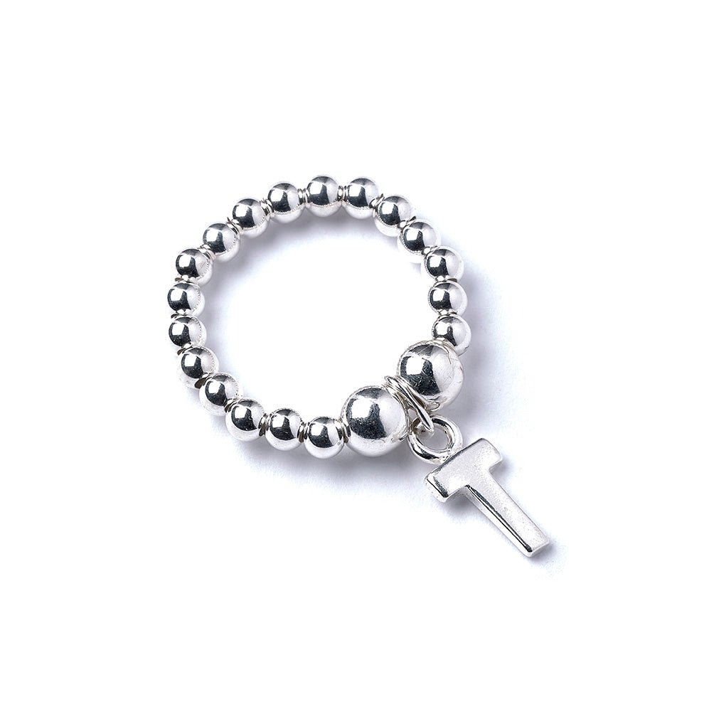 Letter Initial Charm on Silver Ball Bead Ring - MYLEE London