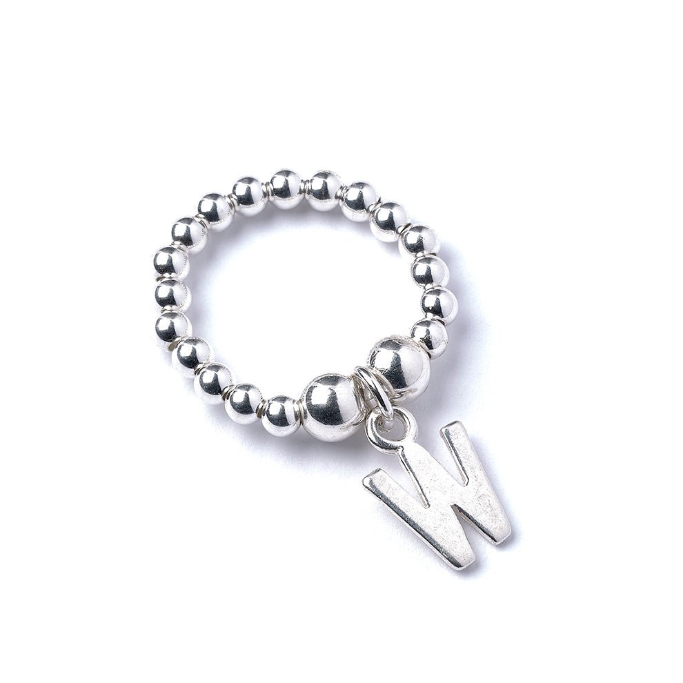 Letter Initial Charm on Silver Ball Bead Ring - MYLEE London