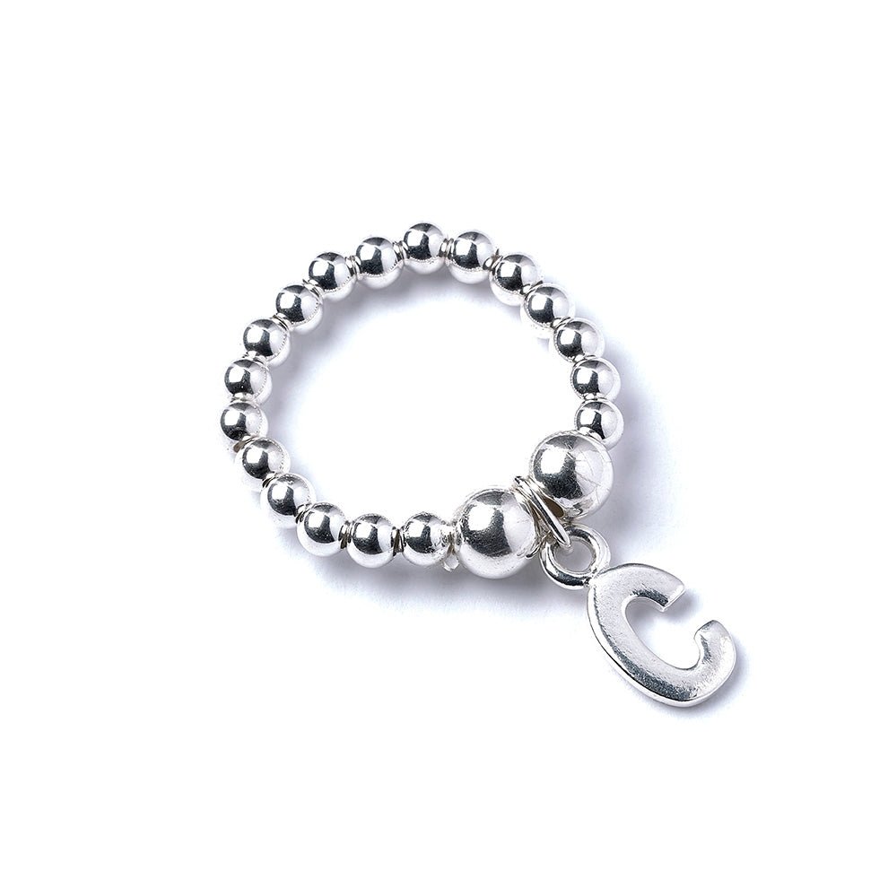 Letter Initial Charm on Silver Ball Bead Ring - MYLEE London