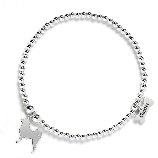 Long Coat Chihuahua Silhouette Silver Ball Bead Bracelet - Personalised - MYLEE London