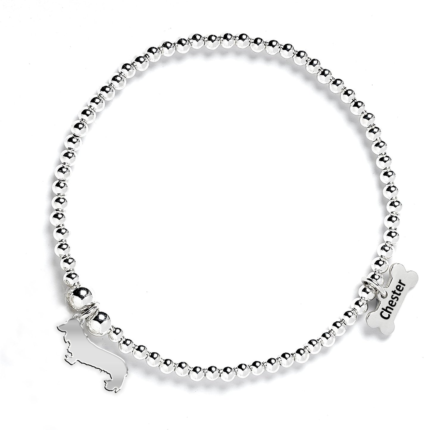Long Haired Dachshund Silhouette Silver Ball Bead Bracelet - Personalised - MYLEE London