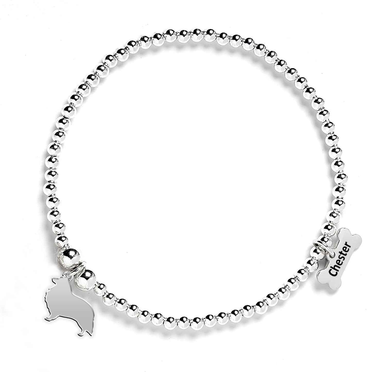 Shetland Sheepdog Silhouette Silver Ball Bead Bracelet - Personalised - MYLEE London
