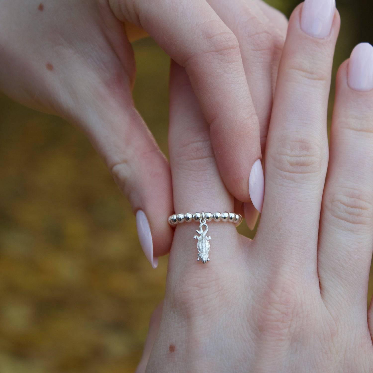 Sterling Silver Ball Bead Ring With Bearded Dragon Charm - MYLEE London