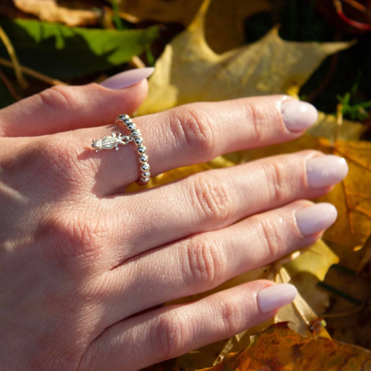 Sterling Silver Ball Bead Ring With Bearded Dragon Charm - MYLEE London