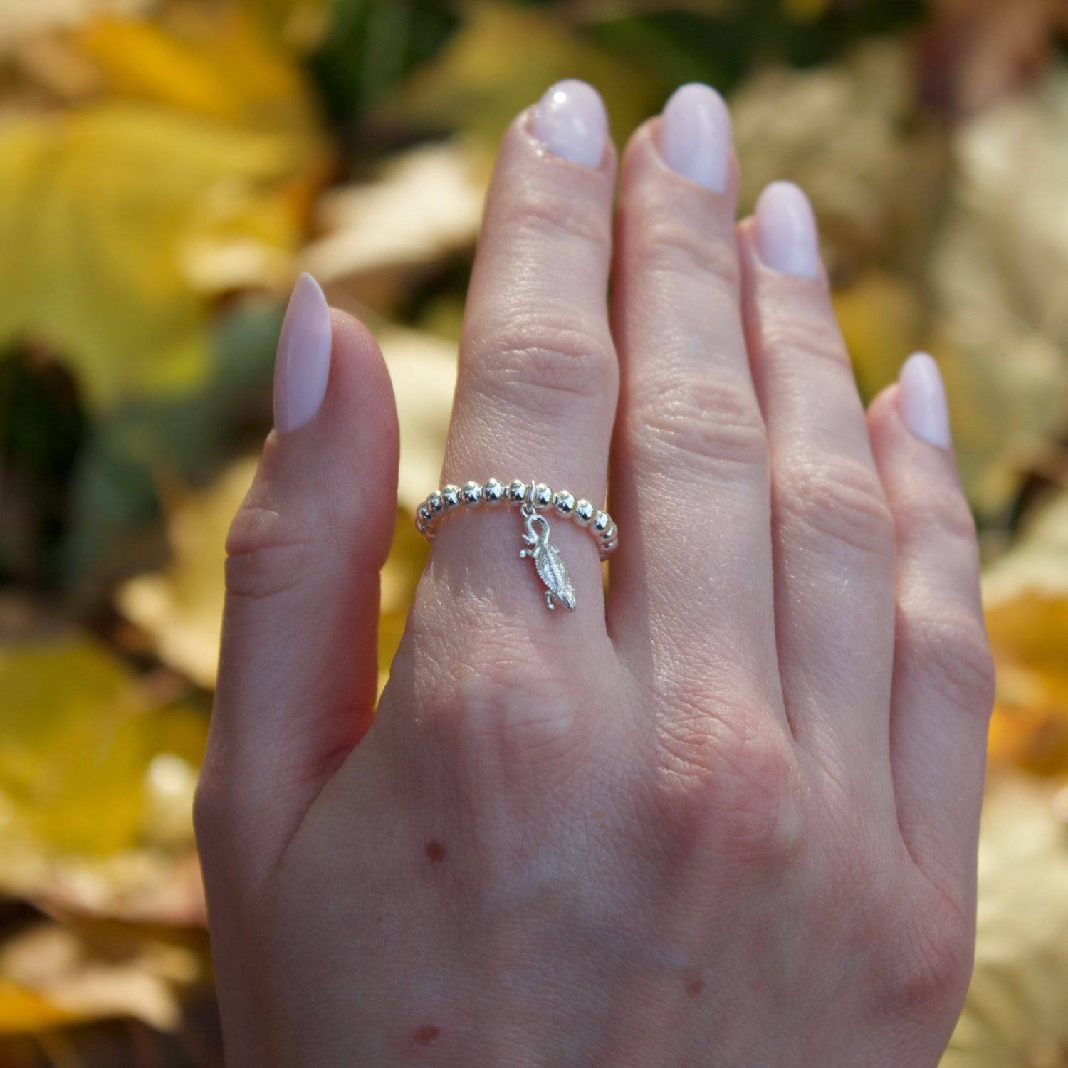 Sterling Silver Ball Bead Ring With Bearded Dragon Charm - MYLEE London