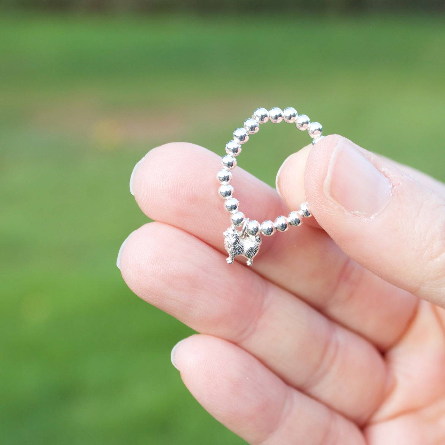 Sterling Silver Ball Bead Ring With Pomeranian Charm - MYLEE London